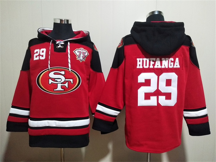 Men's San Francisco 49ers #29 Talanoa Hufanga Red With 75th Anniverseray Patch Ageless Must-Have Lace-Up Pullover